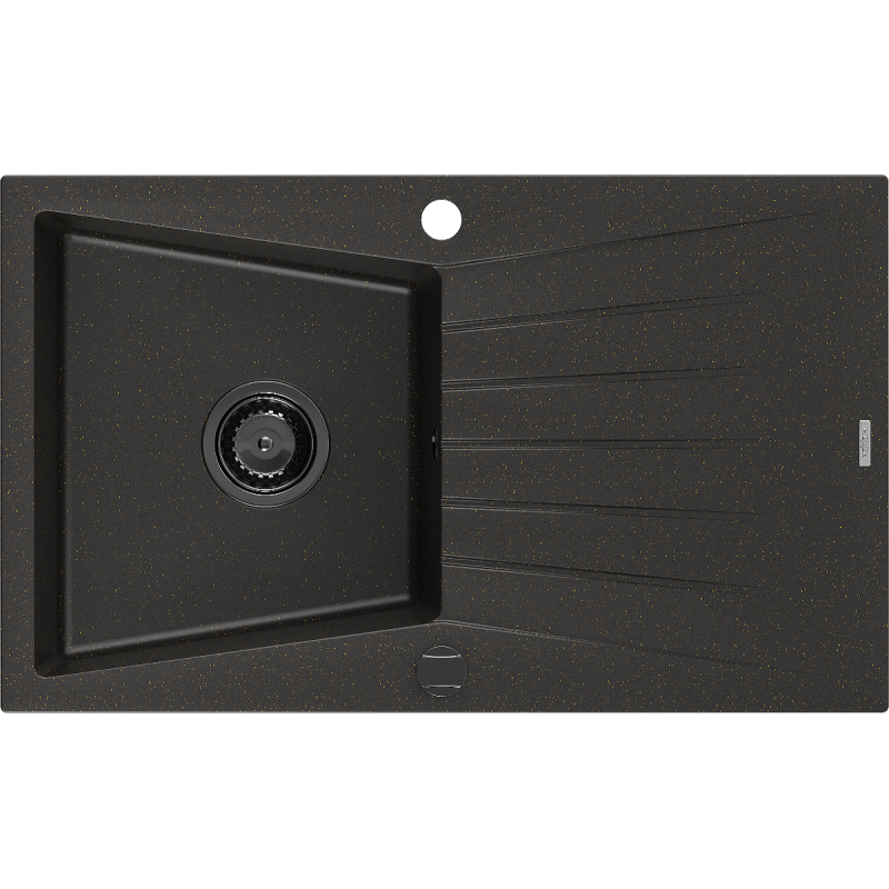 Mexen Cesar Granitspüle 1-Becken mit Abtropffläche 775 x 470 mm, schwarz/goldener Metallic, schwarzes Siphon - 6514771010-75-B