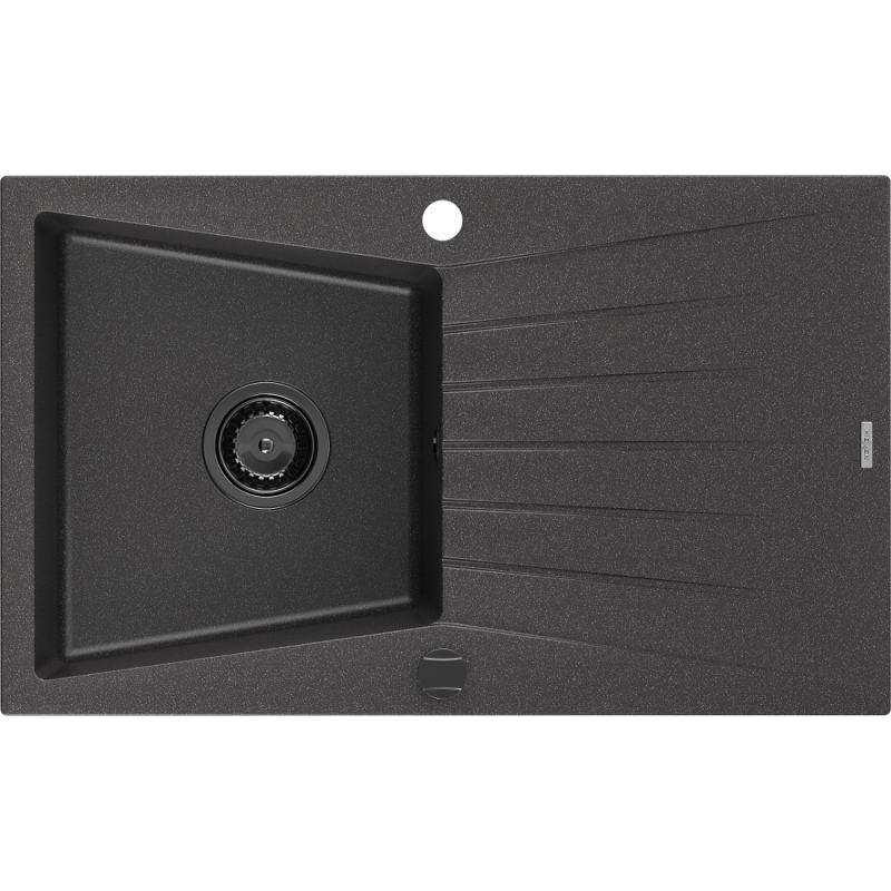 Mexen Cesar Granitspüle 1-beckig mit Abtropffläche 775 x 470 mm, schwarz gesprenkelt, schwarzer Siphon - 6514771010-76-B