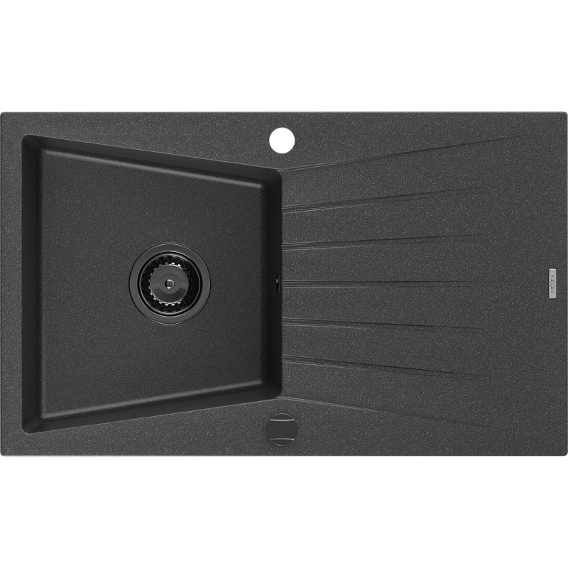 Mexen Cesar Granitspüle mit 1 Becken und Abtropffläche 775 x 470 mm, schwarz gesprenkelt, schwarzer Siphon - 6514771010-76-B