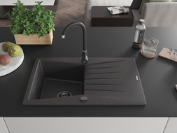 Mexen Cesar Granitspüle 1-beckig mit Abtropffläche 775 x 470 mm, schwarz gesprenkelt, schwarzer Siphon - 6514771010-76-B