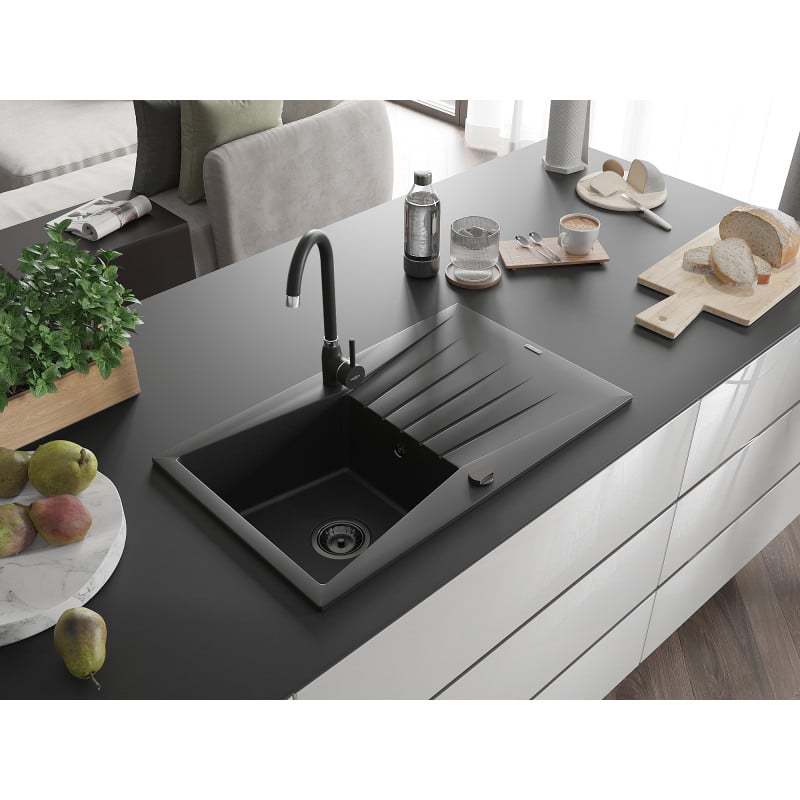 Mexen Cesar Granitspüle 1-Becken mit Abtropffläche 775 x 470 mm, schwarz, schwarzer Siphon - 6514771010-77-B