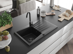 Mexen Cesar Granitspüle mit einem Becken und einer Abtropffläche 775 x 470 mm, Schwarz, Siphon Schwarz - 6514771010-77-B
