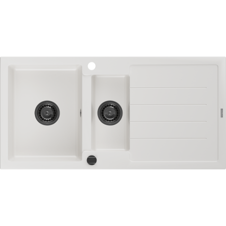 Mexen Andres Granitspüle 1,5-Becken mit Abtropffläche 1000 x 500 mm, weiß, schwarzer Siphon - 6515101510-20-B