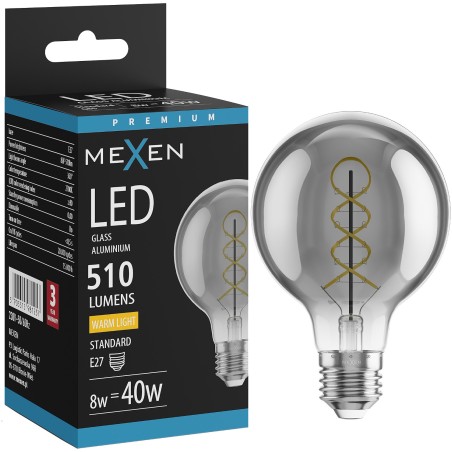 Mexen Vintis LED-Filament-Glühlampe Spirale E27, G80, 8W, Warm - 2700K, 510 lm, Rauch - L165-E27-0827-70