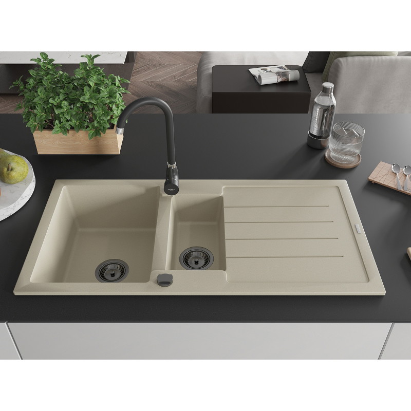 Mexen Andres Granitspüle 1,5 Kammern mit Abtropffläche 1000 x 500 mm, beige, schwarzer Siphon - 6515101510-69-B