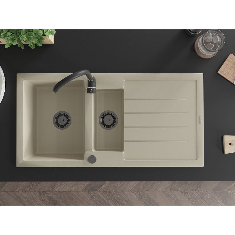 Mexen Andres Granitspüle 1,5-Becken mit Abtropffläche 1000 x 500 mm, beige, schwarzer Siphon - 6515101510-69-B