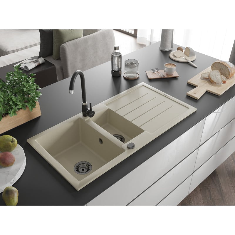 Mexen Andres Granitspüle 1,5-Becken mit Abtropffläche 1000 x 500 mm, beige, schwarzer Siphon - 6515101510-69-B