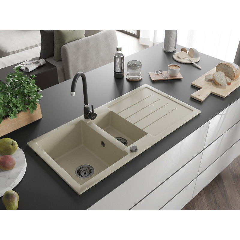 Mexen Andres Granitspüle 1,5 Kammern mit Abtropffläche 1000 x 500 mm, beige, schwarzer Siphon - 6515101510-69-B