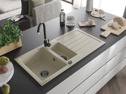 Mexen Andres Granitspüle 1,5-Becken mit Abtropffläche 1000 x 500 mm, beige, schwarzer Siphon - 6515101510-69-B