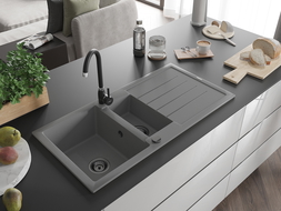Mexen Andres 1,5-Becken-Granitspüle mit Abtropffläche 1000 x 500 mm, Grau, Siphon Schwarz - 6515101510-71-B