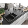 Mexen Andres Granitspüle 1,5-beckig mit Abtropffläche 1000 x 500 mm schwarz gesprenkelt, Siphon schwarz - 6515101510-76-B