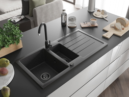 Mexen Andres 1,5-Becken-Granitspüle mit Abtropffläche 1000 x 500 mm Schwarz gesprenkelt, Siphon Schwarz - 6515101510-76-B