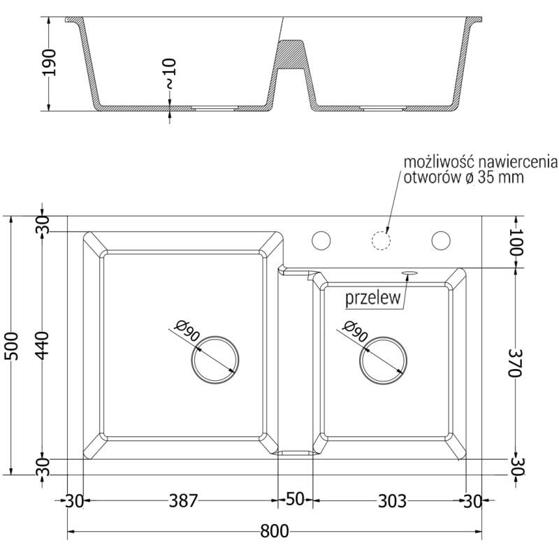 Mexen Tomas Granitspüle 2-Kammer 800 x 500 mm, schwarz, schwarzer Siphon - 6516802000-77-B