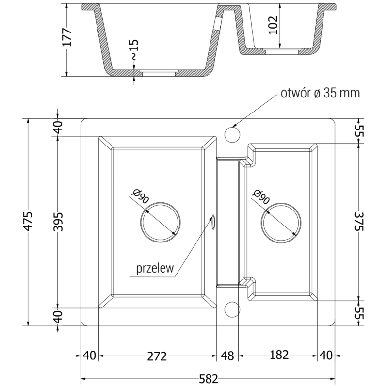 Mexen Carlos Granitspüle 1,5-Kammer 582 x 475 mm, schwarz gesprenkelt, schwarzer Siphon - 6518581500-76-B