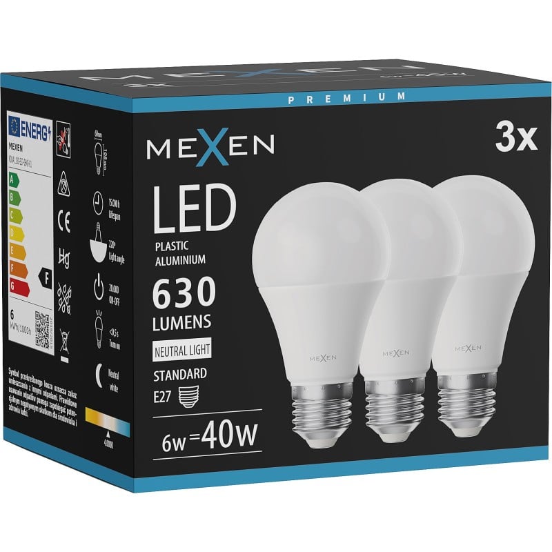 Mexen Nova 3x LED-Glühbirne E27, A60, 6W, Neutral - 4000K, 630 lm - L100-E27-0640-01x03