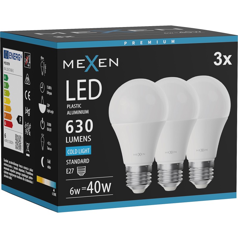 Mexen Nova 3x LED-Glühbirne E27, A60, 6W, Kalt - 6500K, 630 lm - L100-E27-0665-01x03