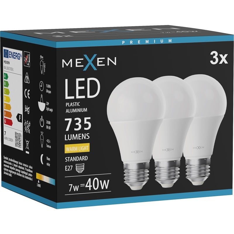 Mexen Nova 3x LED-Glühbirne E27, A60, 7W, Warm - 3000K, 735 lm - L100-E27-0730-01x03