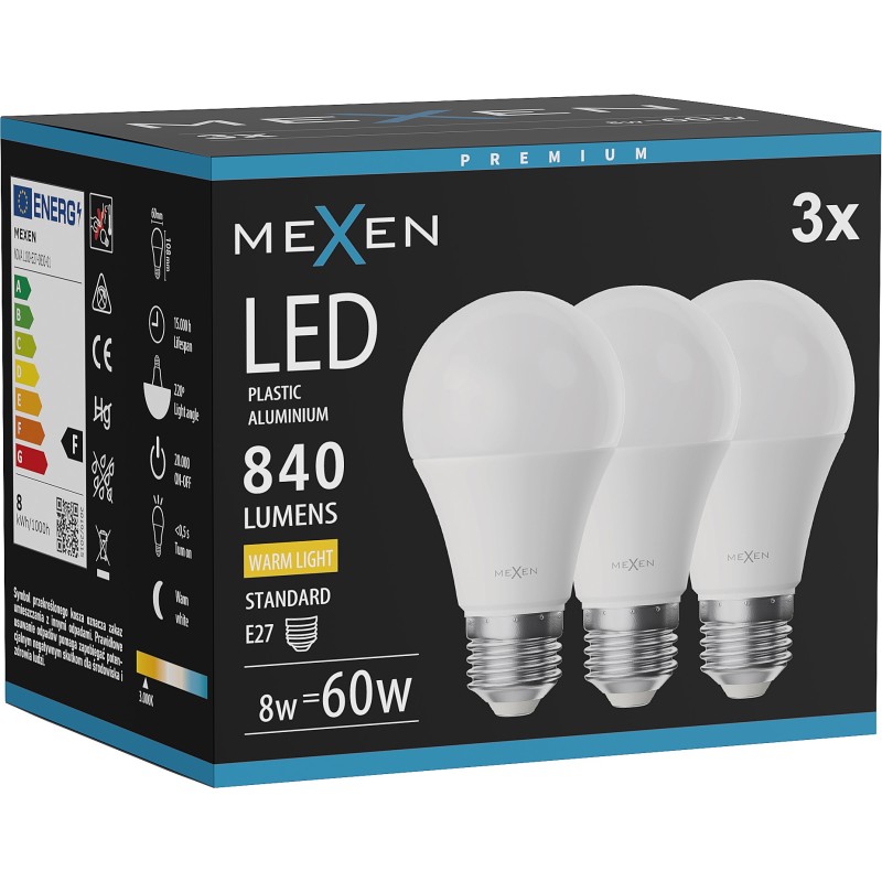 Mexen Nova 3x LED-Glühbirne E27, A60, 8W, Warm - 3000K, 840 lm - L100-E27-0830-01x03
