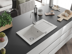 Mexen Pablo Granitspüle 1-Becken mit Abtropffläche 752 x 436 mm, weiß, Siphon Chrom - 6510751010-20