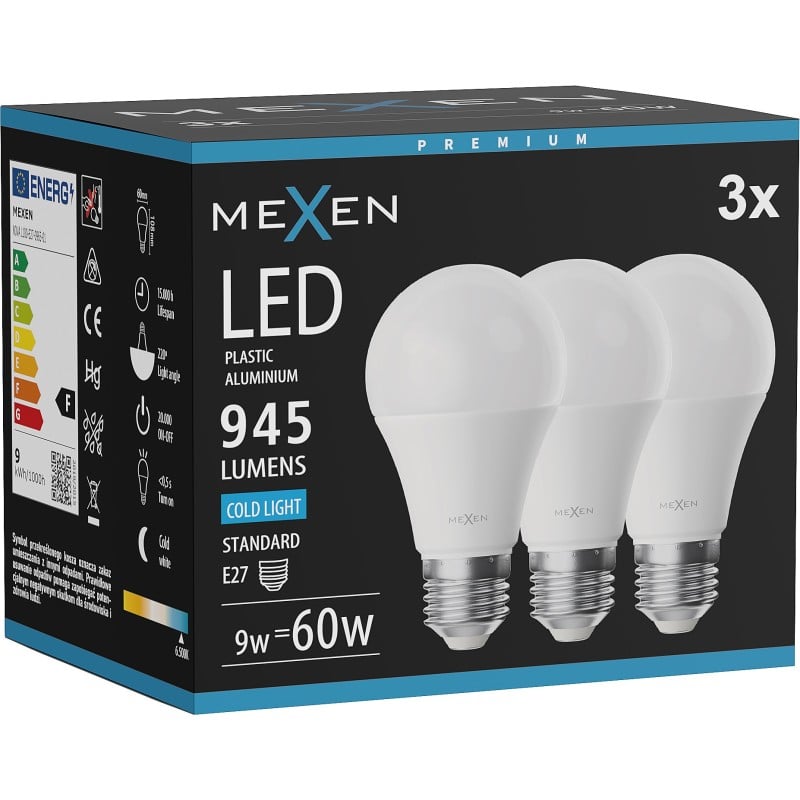 Mexen Nova 3x LED-Glühbirne E27, A60, 9W, Kalt - 6500K, 945 lm - L100-E27-0965-01x03