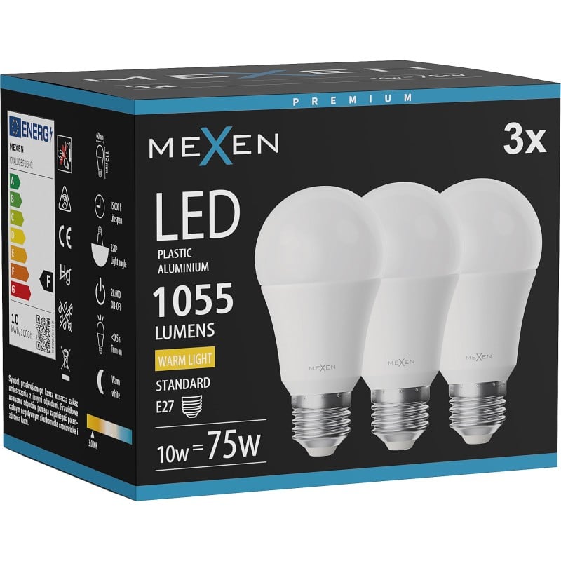 Mexen Nova 3x LED-Glühbirne E27, A60, 10W, Warm - 3000K, 1055 lm - L100-E27-1030-01x03