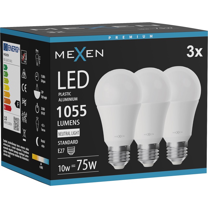 Mexen Nova 3x LED-Glühbirne E27, A60, 10W, Neutral - 4000K, 1055 lm - L100-E27-1040-01x03
