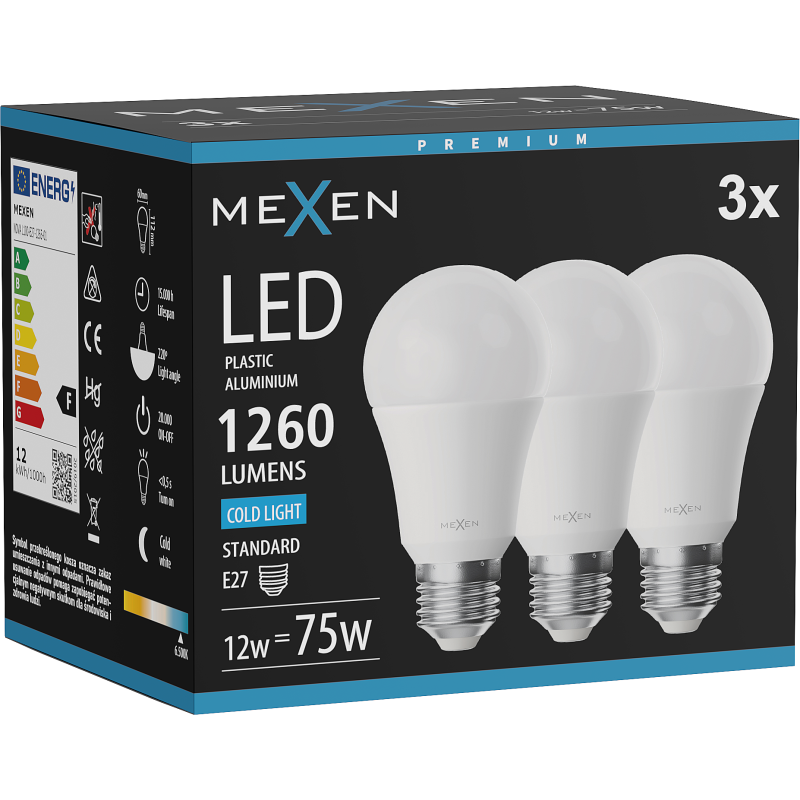 Mexen Nova 3x LED-Glühbirne E27, A60, 12W, Kalt - 6500K, 1260 lm - L100-E27-1265-01x03