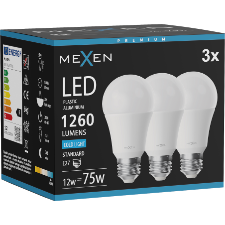 Mexen Nova 3x LED-Glühbirne E27, A60, 12W, Kalt - 6500K, 1260 lm - L100-E27-1265-01x03