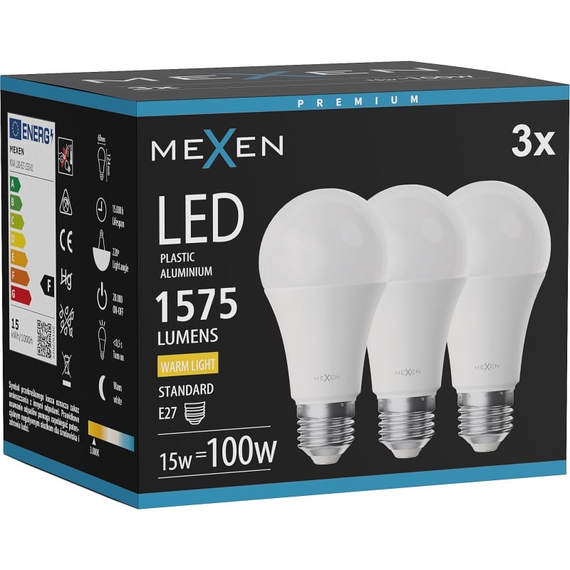 Mexen Nova 3x LED-Glühbirne E27, A60, 15W, Warm - 3000K, 1575 lm - L100-E27-1530-01x03