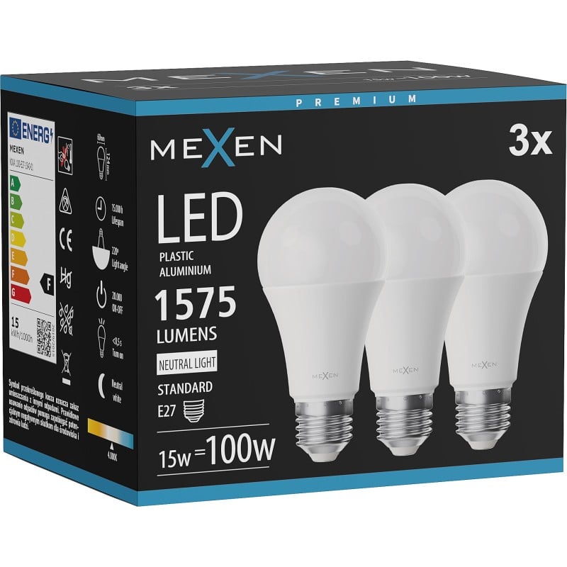 Mexen Nova 3x LED-Glühbirne E27, A60, 15W, Neutral - 4000K, 1575 lm - L100-E27-1540-01x03