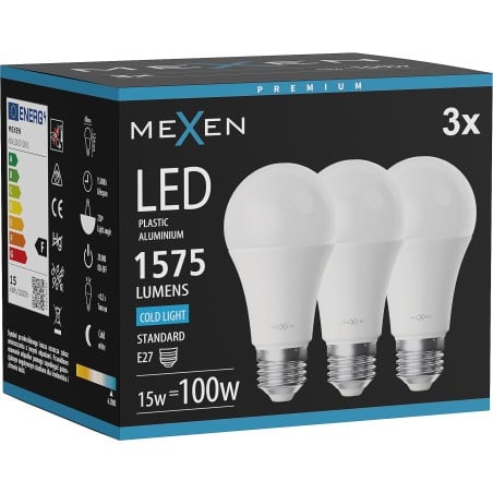 Mexen Nova 3x LED-Glühbirne E27, A60, 15W, Kalt - 6500K, 1575 lm - L100-E27-1565-01x03