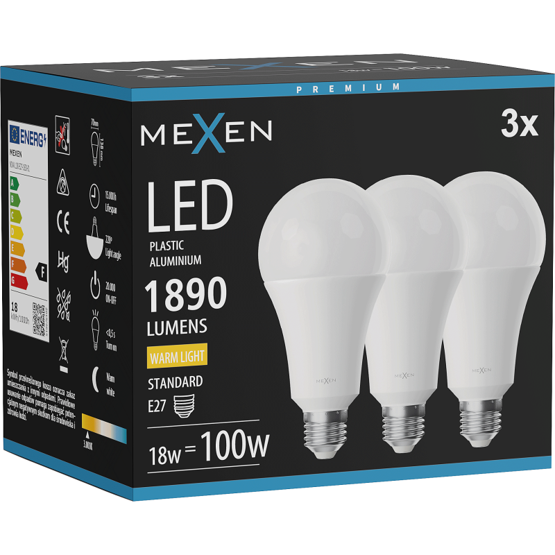 Mexen Nova 3x LED-Glühbirne E27, A70, 18W, Warm - 3000K, 1890 lm - L100-E27-1830-01x03
