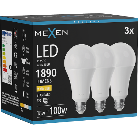 Mexen Nova 3x LED-Glühbirne E27, A70, 18W, Warm - 3000K, 1890 lm - L100-E27-1830-01x03