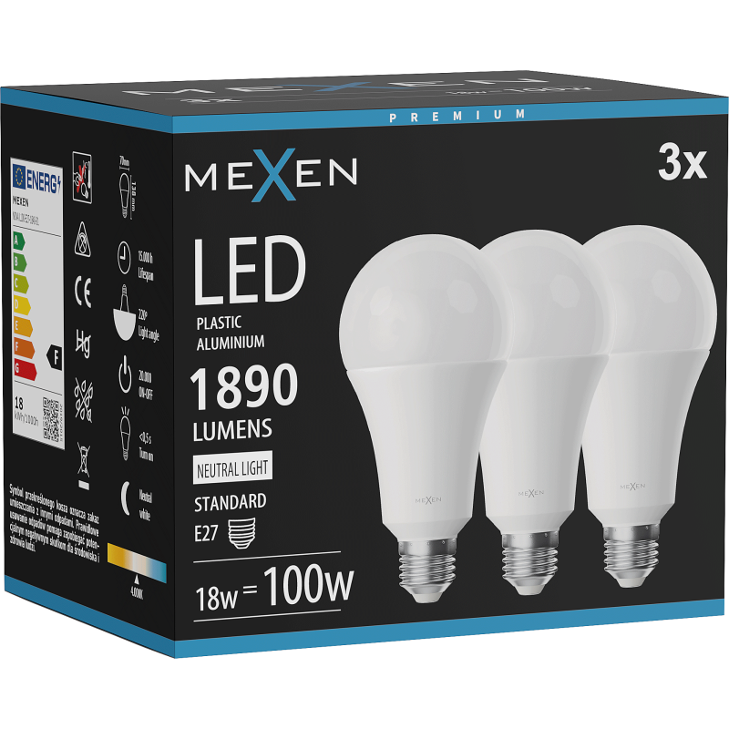 Mexen Nova 3x LED-Glühbirne E27, A70, 18W, Neutral - 4000K, 1890 lm - L100-E27-1840-01x03