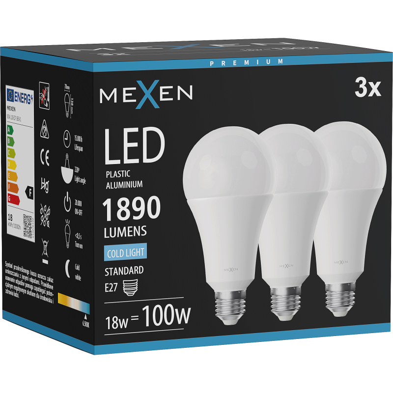 Mexen Nova 3x LED-Glühbirne E27, A70, 18W, Kalt - 6500K, 1890 lm - L100-E27-1865-01x03