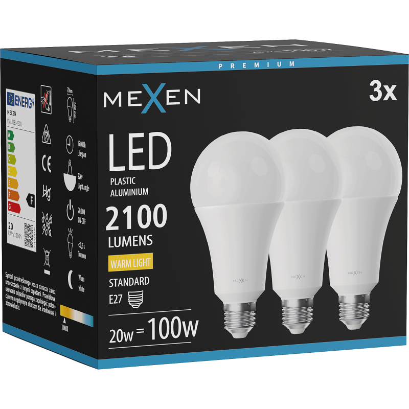 Mexen Nova 3x LED-Glühbirne E27, A70, 20W, Warm - 3000K, 2100 lm - L100-E27-2030-01x03