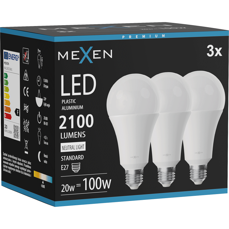 Mexen Nova 3x LED-Glühbirne E27, A70, 20W, Neutral - 4000K, 2100 lm - L100-E27-2040-01x03