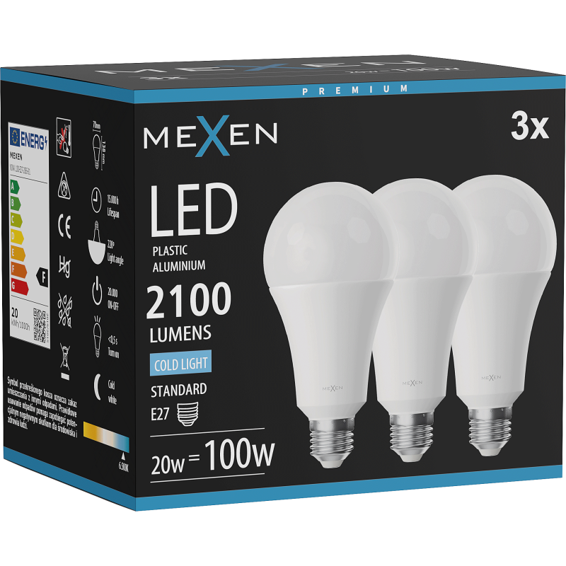 Mexen Nova 3x LED-Glühbirne E27, A70, 20W, Kalt - 6500K, 2100 lm - L100-E27-2065-01x03