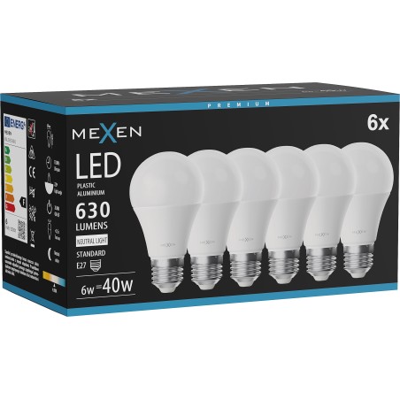 Mexen Nova 6x LED-Lampe E27, A60, 6W, Neutral - 4000K, 630 lm - L100-E27-0640-01x06