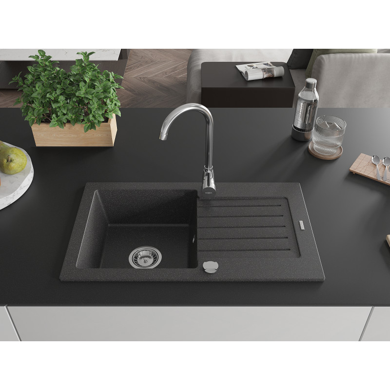 Mexen Pablo granitspüle, 1-beckig mit abtropffläche, 752 x 436 mm, schwarz gesprenkelt, siphon chrom - 6510751010-76
