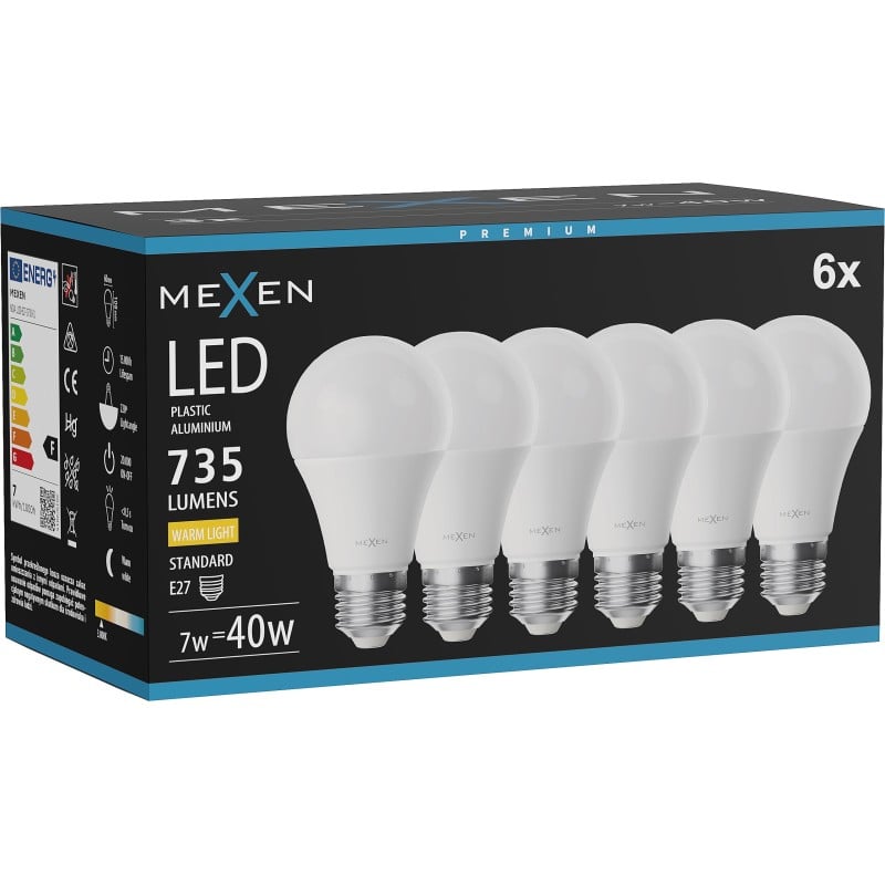 Mexen Nova 6x LED-Glühbirne E27, A60, 7W, Warm - 3000K, 735 lm - L100-E27-0730-01x06