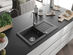 Mexen Pablo granitspüle, 1-beckig mit abtropffläche, 752 x 436 mm, schwarz gesprenkelt, siphon chrom - 6510751010-76
