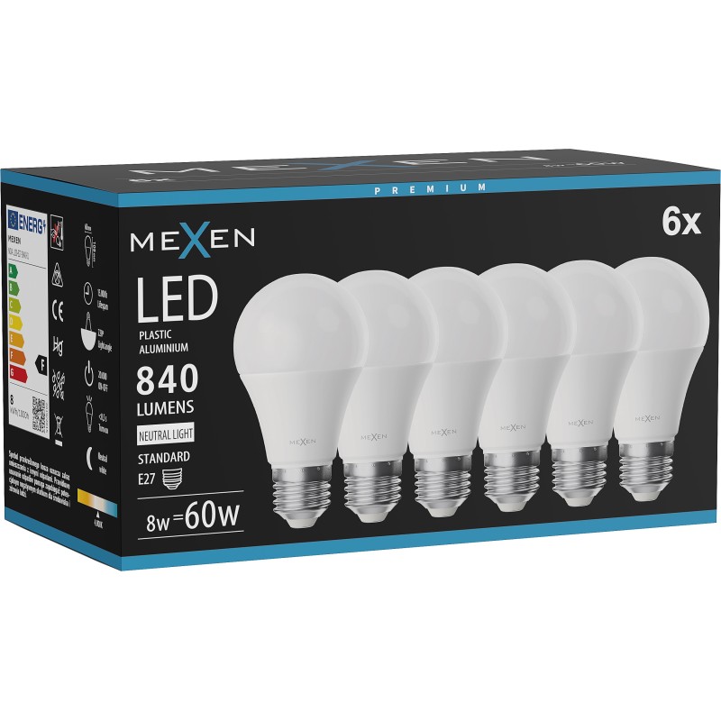 Mexen Nova 6x LED-Glühbirne E27, A60, 8W, Neutral - 4000K, 840 lm - L100-E27-0840-01x06