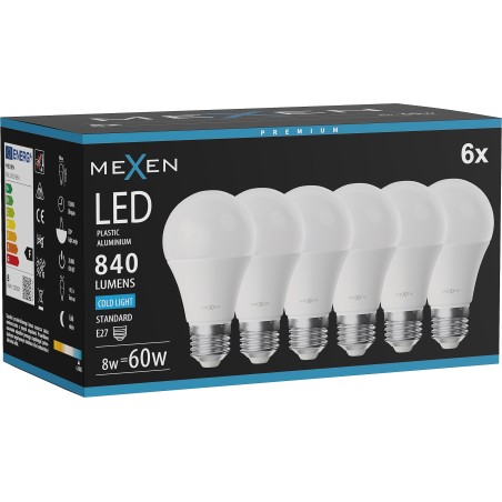 Mexen Nova 6x LED-Glühlampe E27, A60, 8W, Kalt - 6500K, 840 lm - L100-E27-0865-01x06
