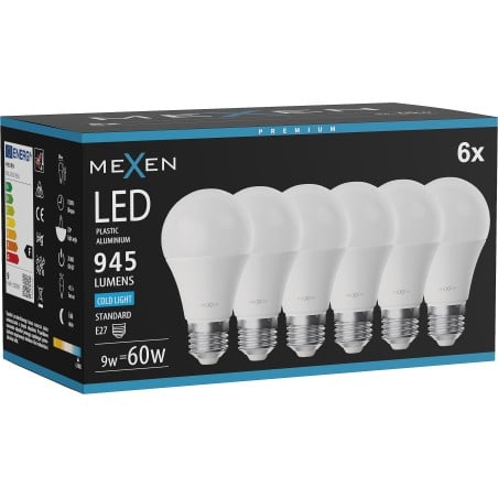 Mexen Nova 6x LED-Lampe E27, A60, 9W, Kalt - 6500K, 945 lm - L100-E27-0965-01x06