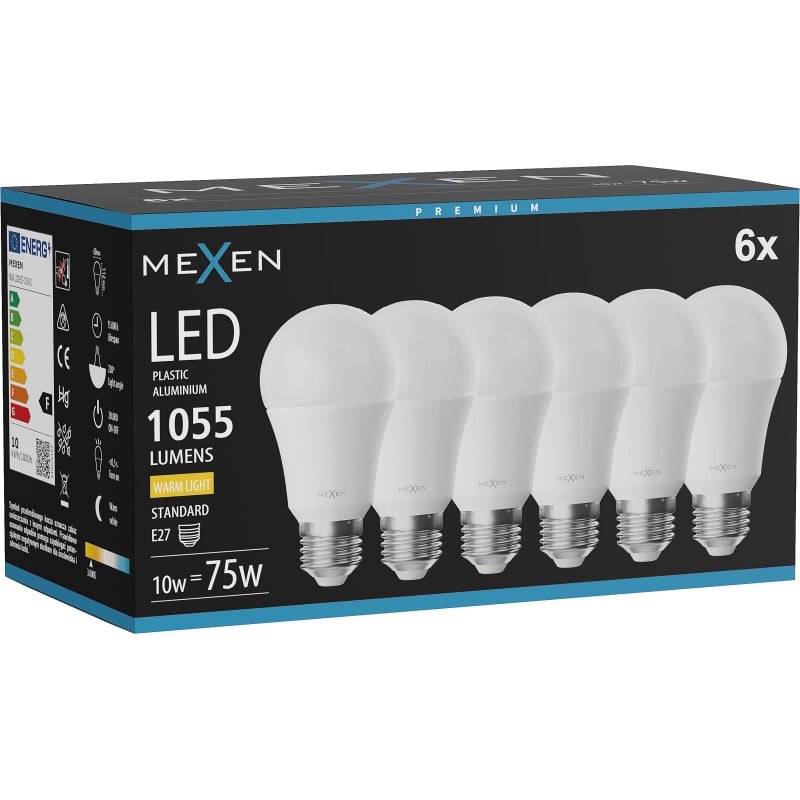 Mexen Nova 6x LED-Glühbirne E27, A60, 10W, Warm - 3000K, 1055 lm - L100-E27-1030-01x06