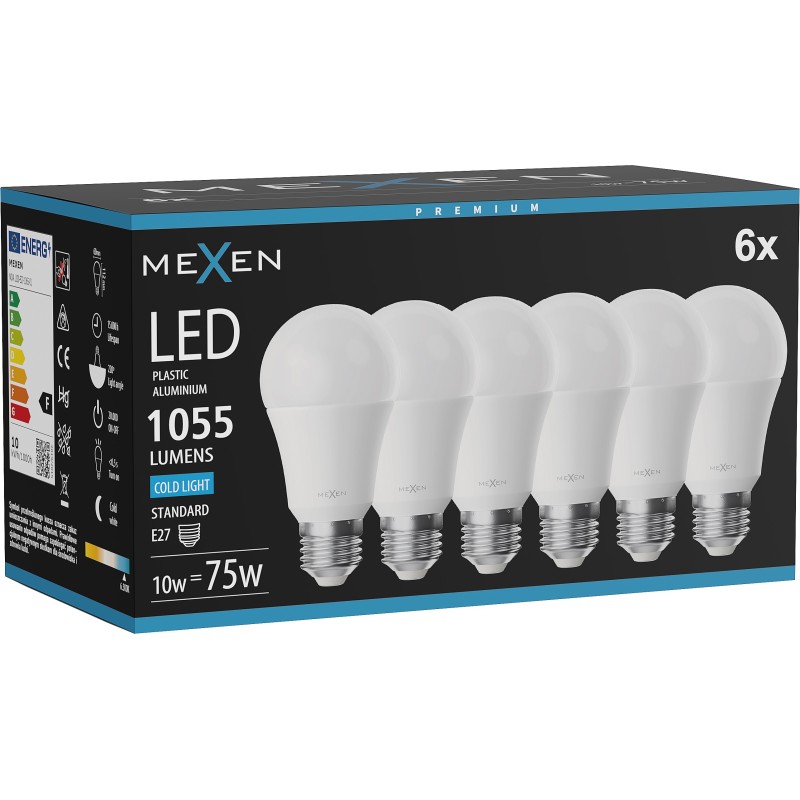 Mexen Nova 6x LED-Glühbirne E27, A60, 10W, Kalt - 6500K, 1055 lm - L100-E27-1065-01x06