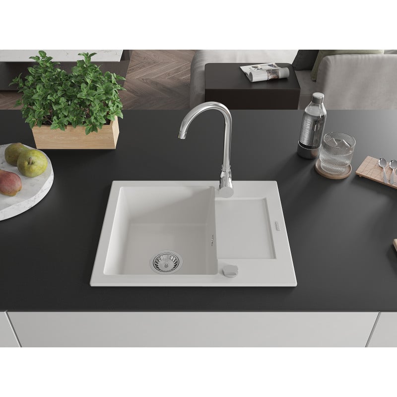 Mexen Enzo Granitspüle 1-Becken mit Abtropffläche 576 x 465 mm, weiß, Siphon Chrom - 6506571005-20