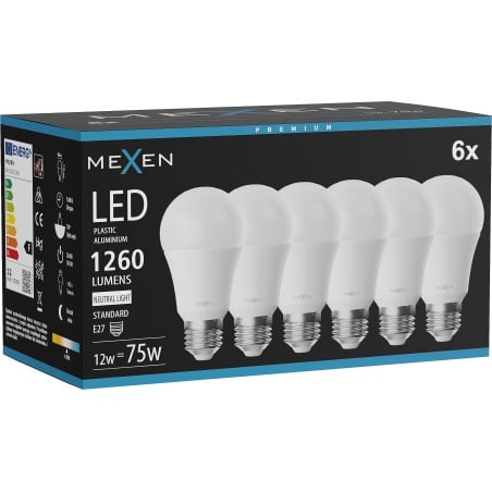 Mexen Nova 6x LED-Glühbirne E27, A60, 12W, Neutral - 4000K, 1260 lm - L100-E27-1240-01x06