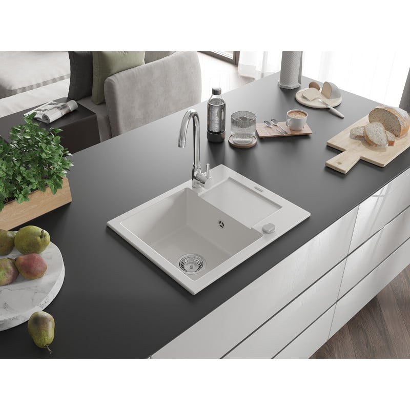 Mexen Enzo Granitspüle 1-Becken mit Abtropffläche 576 x 465 mm, weiß, Siphon Chrom - 6506571005-20